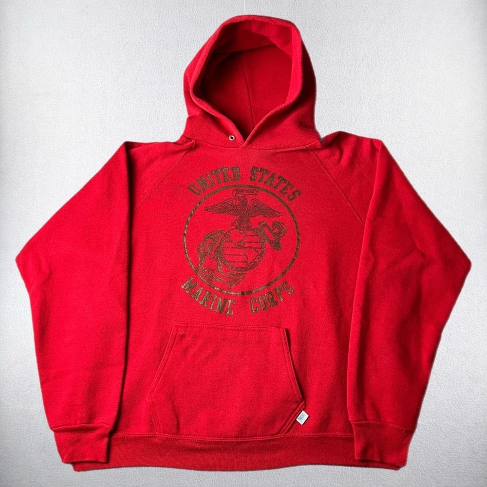 Vintage US Marine Corps USMC Hoodie Men Large Red Discus Athletic Sweatshirt 90s